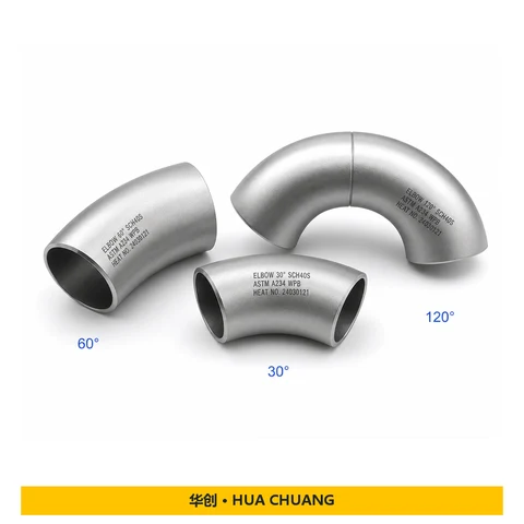Pipe elbows — Carbon steel · A234 WPB · SCH40 · 30° / 60° / 120° / 30° / 60° / 120° · Seamless